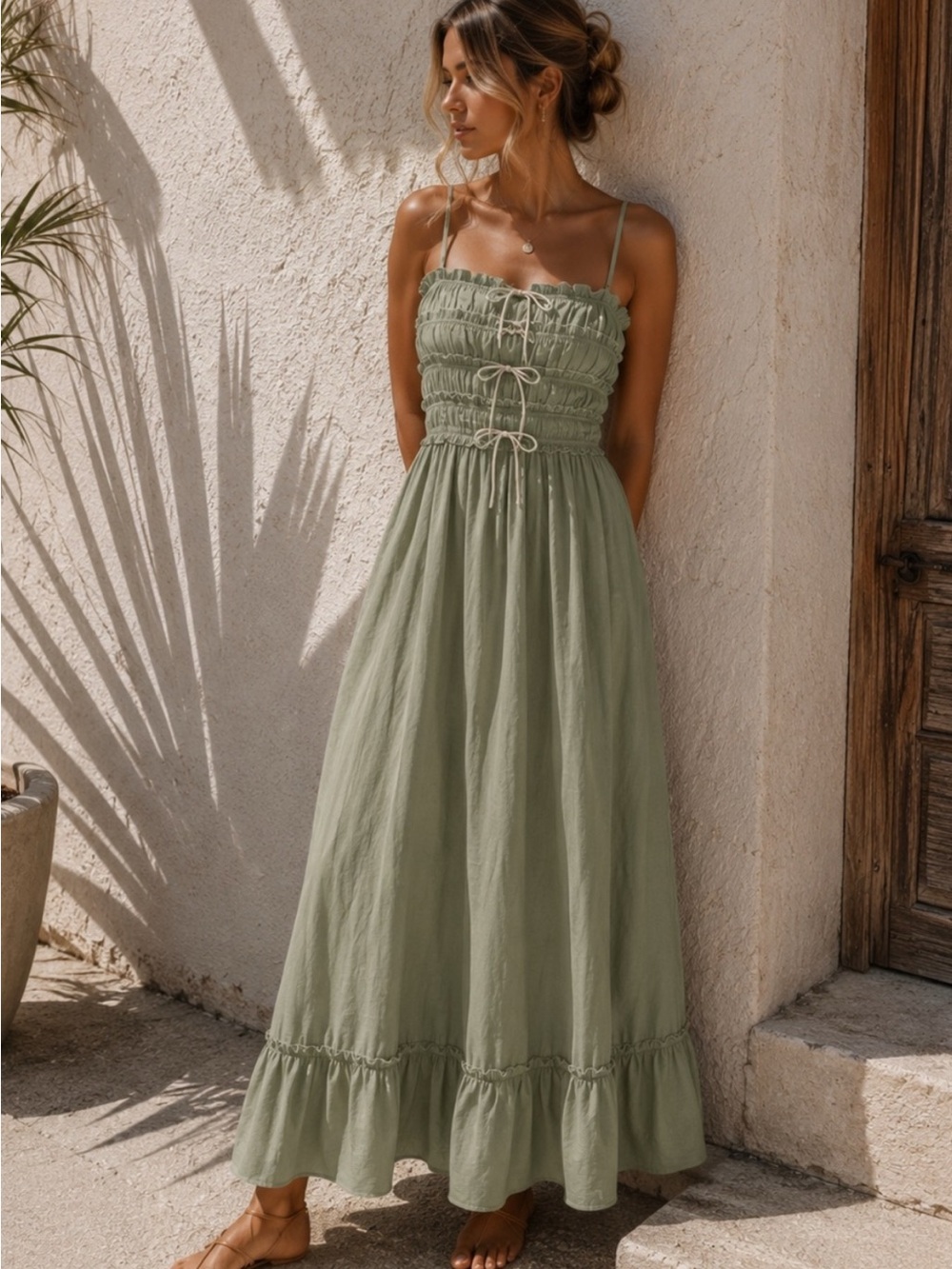 NEW Thirty Thirty Sage Green Smocked Maxi Dress with Ruffle Hem Bows Size XS